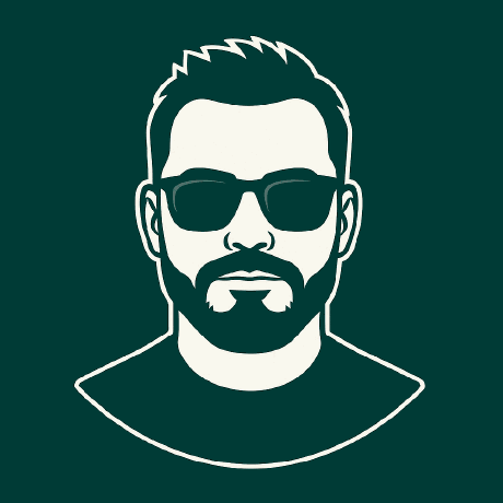 Illustrated portrait of Florin Hrib: short dark hair, sunglasses and a beard, cream line art on dark green.